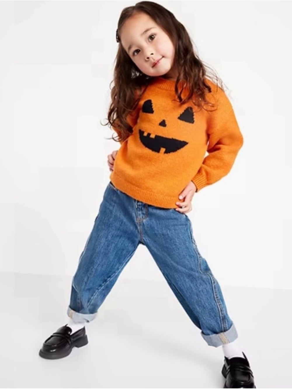 Old Navy Orange Pumpkin Sparkly Face Kids Sweater